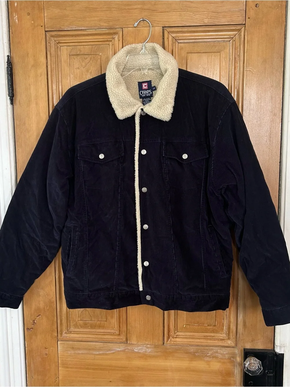 Chaps Jacket Mens Large Navy Blue Corduroy Trucker Sherpa Fleece Lined L